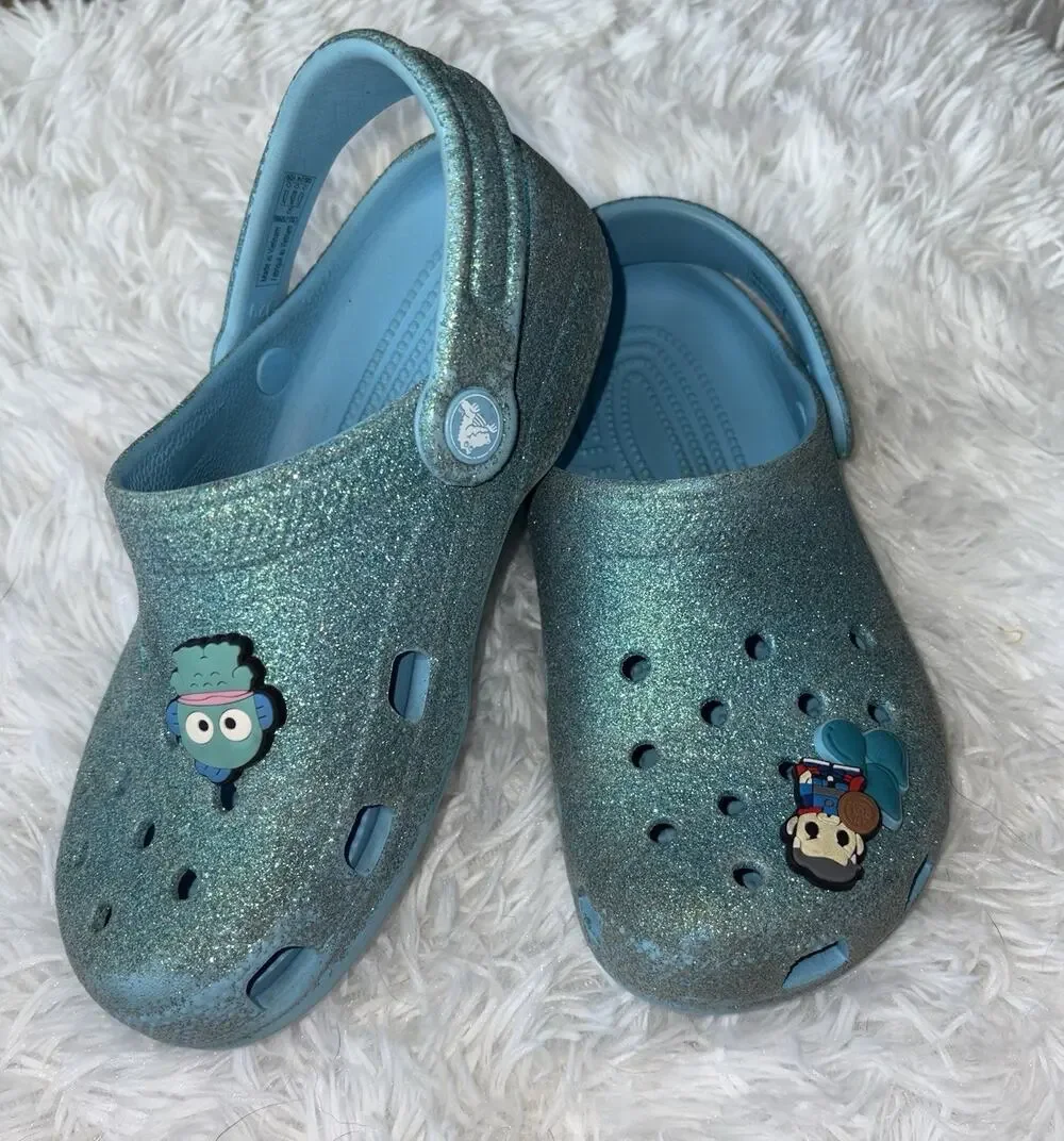 Crocs Girls Sz. 2 Turquoise Glitter Slip Ons. Cute